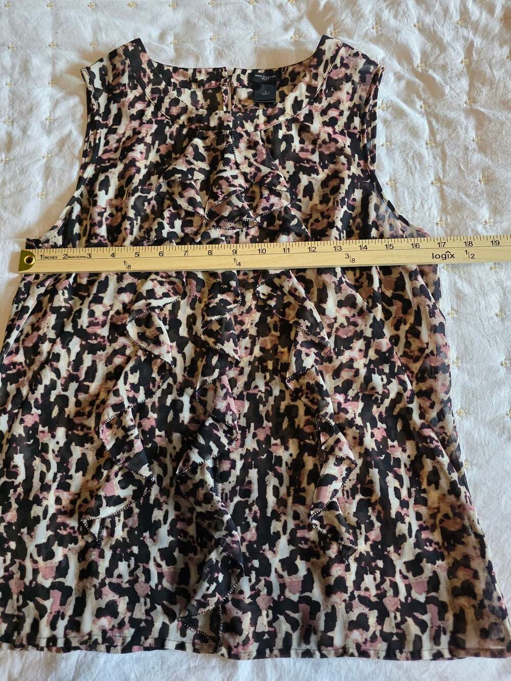 Ann Taylor Ruffle Front Leopard Print Sleeveless Blouse - Picture 3 of 5